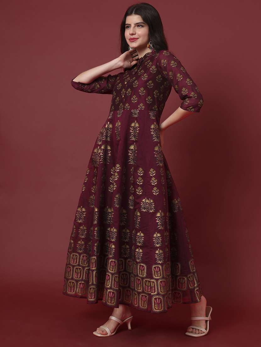 women printed three quarter sleeve flared kurta - 22239708 -  Standard Image - 2