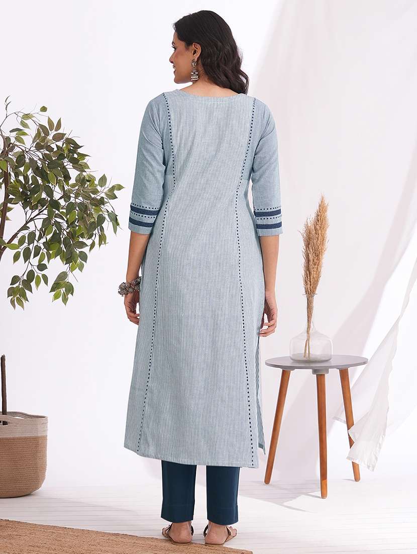 women striped three quarter sleeve a-line kurta - 22240408 -  Standard Image - 2