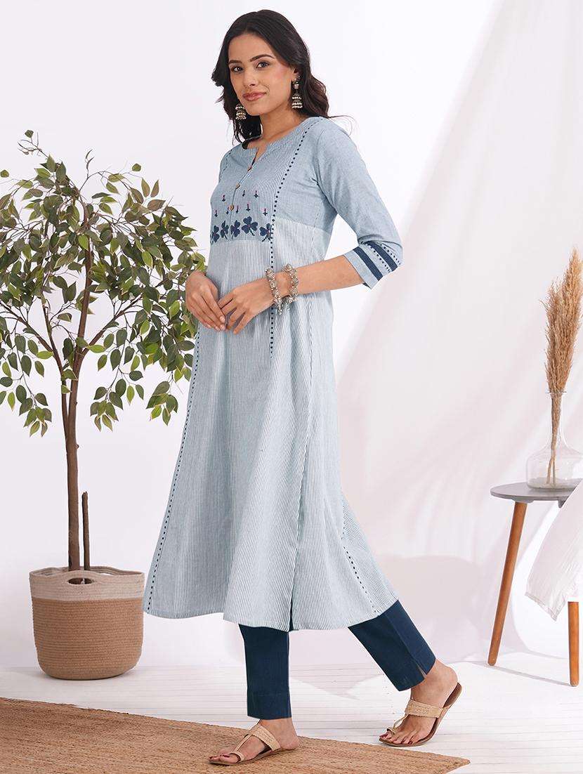 women striped three quarter sleeve a-line kurta - 22240408 -  Standard Image - 2