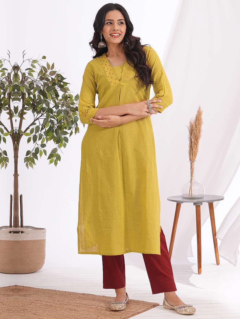 women solid with work three quarter sleeve a-line kurta - 22240410 -  Standard Image - 2