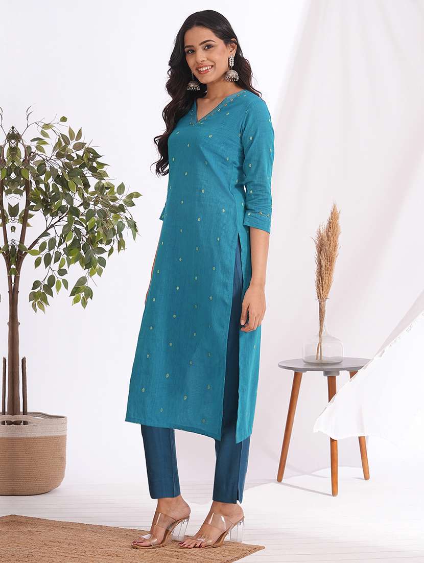 women self design three quarter sleeve straight kurta - 22240412 -  Standard Image - 2