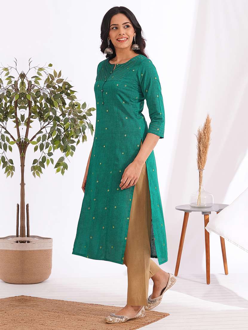 women self design three quarter sleeve straight kurta - 22240413 -  Standard Image - 2