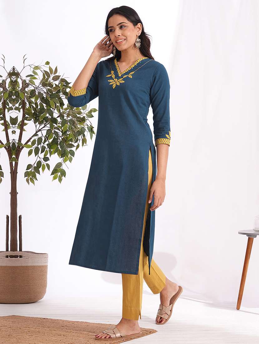 women solid with work three quarter sleeve straight kurta - 22240420 -  Standard Image - 2