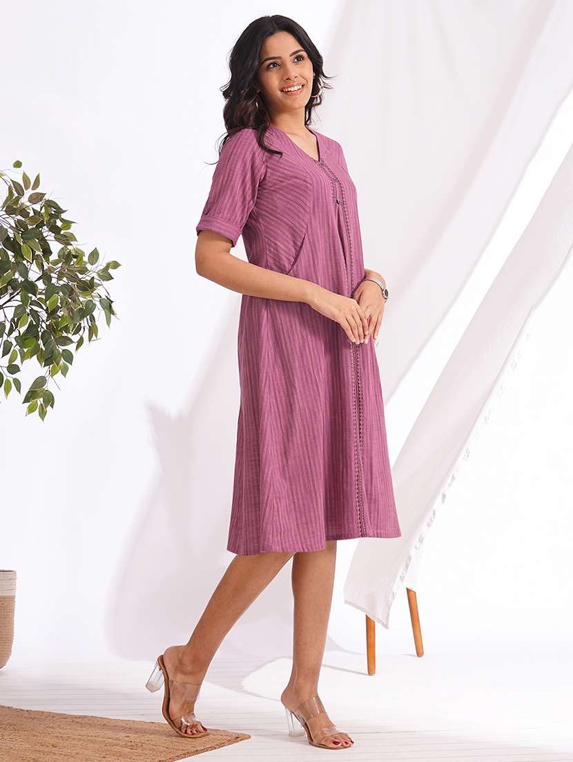 women striped short sleeve a-line dress - 22240425 -  Standard Image - 2