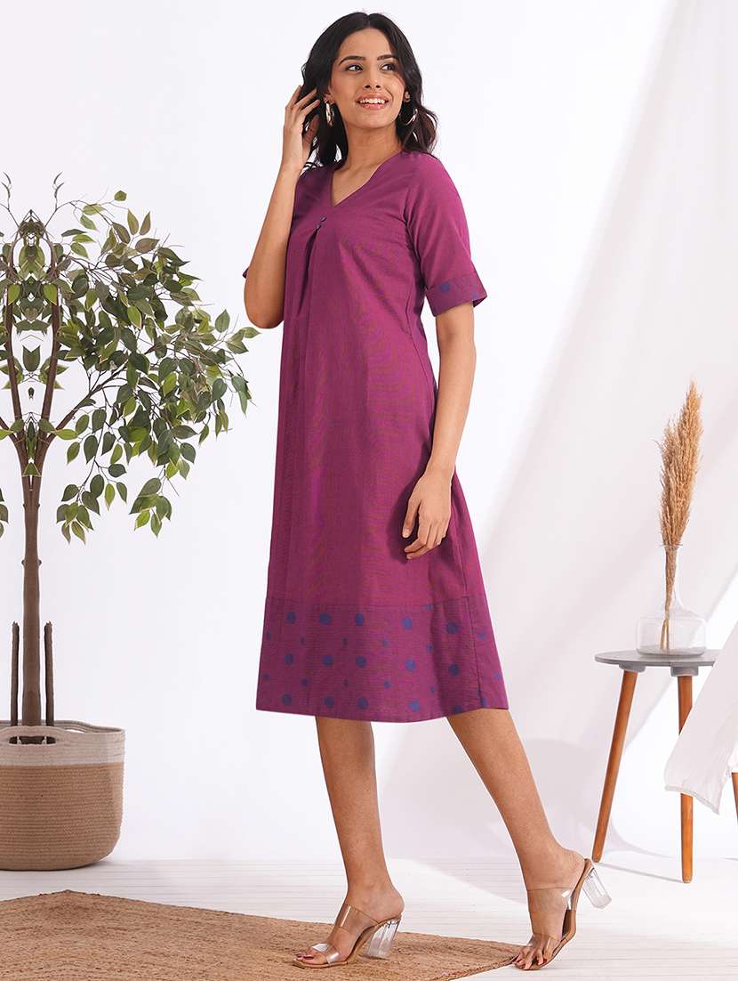 women solid short sleeve a-line dress - 22240427 -  Standard Image - 2