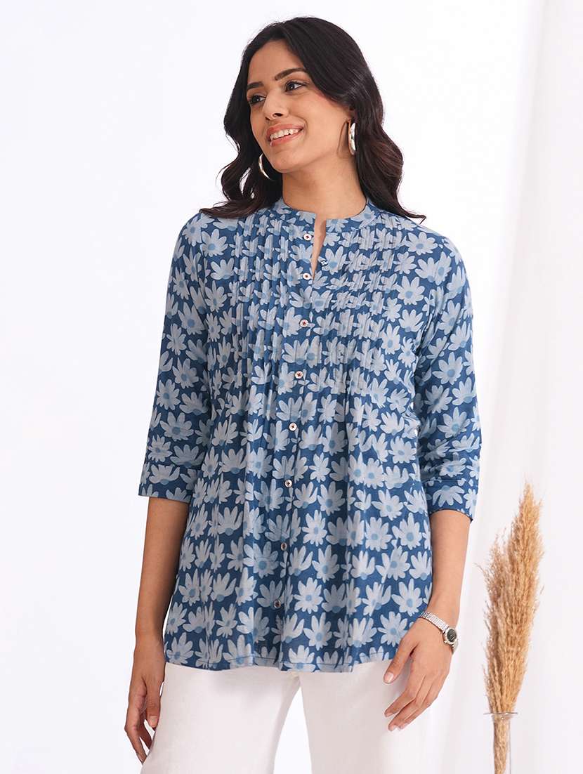 women printed three quarter sleeve a-line kurti