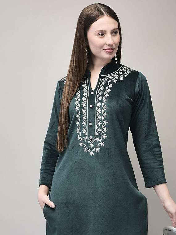 women solid with work embroidered long sleeve kurta pant set - 22240435 -  Standard Image - 2