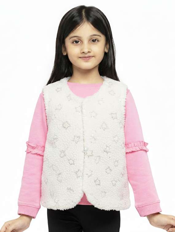girls self designed sleeveless regular jacket
