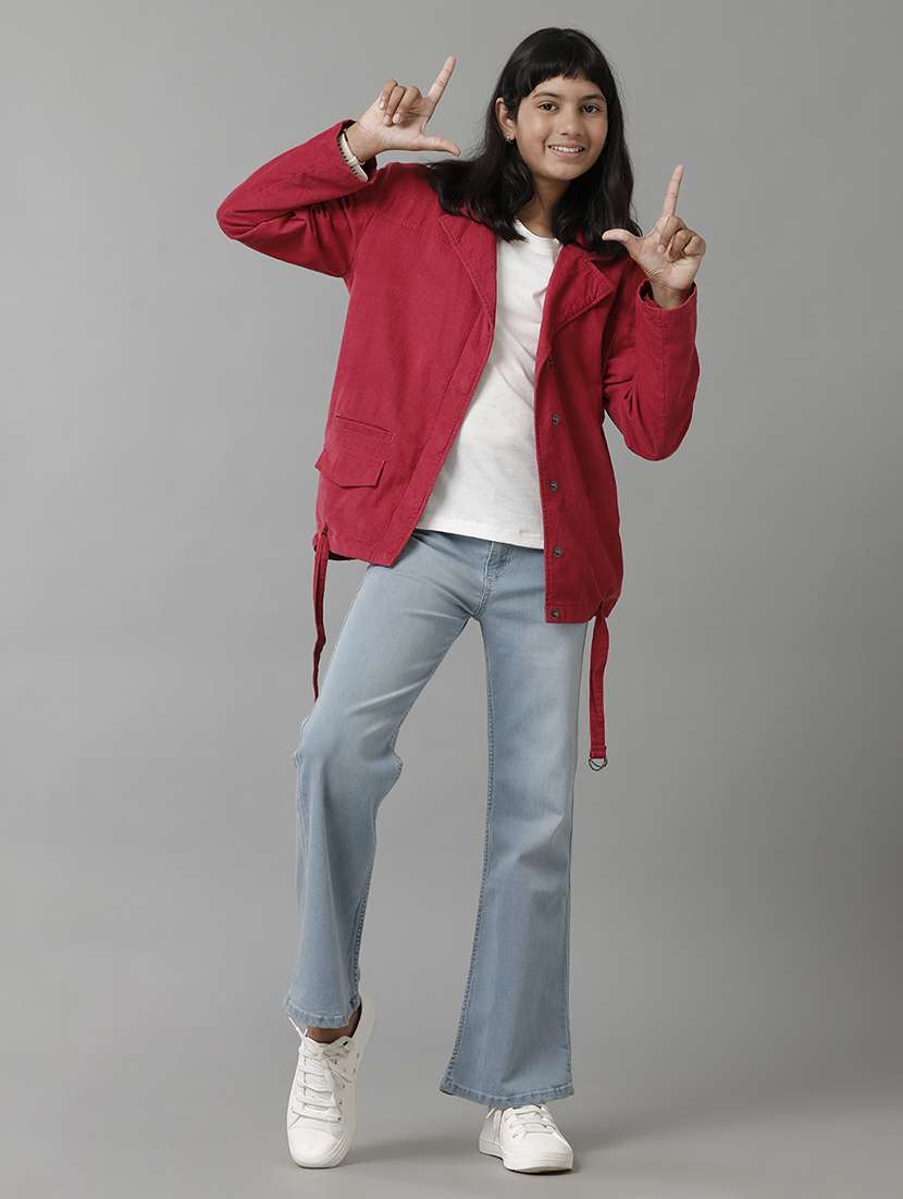 girls solid lapel collar long sleeve regular jacket - 22240603 -  Standard Image - 2