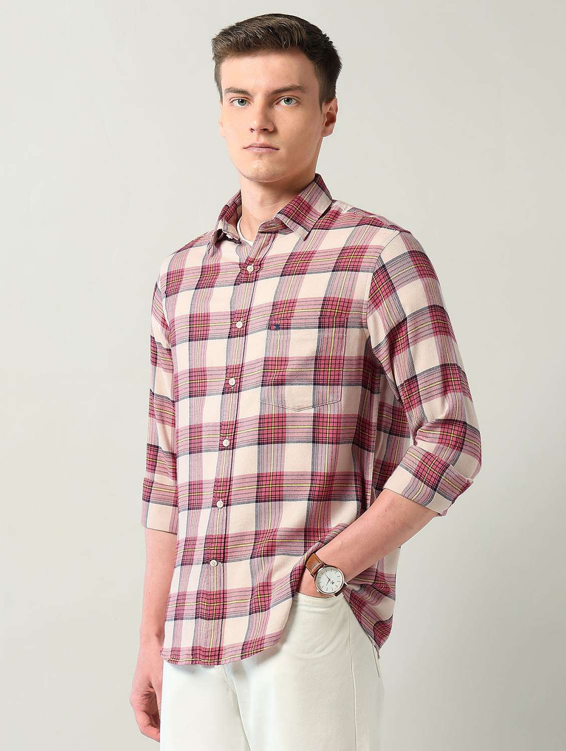 men checkered long sleeve slim fit casual shirt - 22240604 -  Standard Image - 2