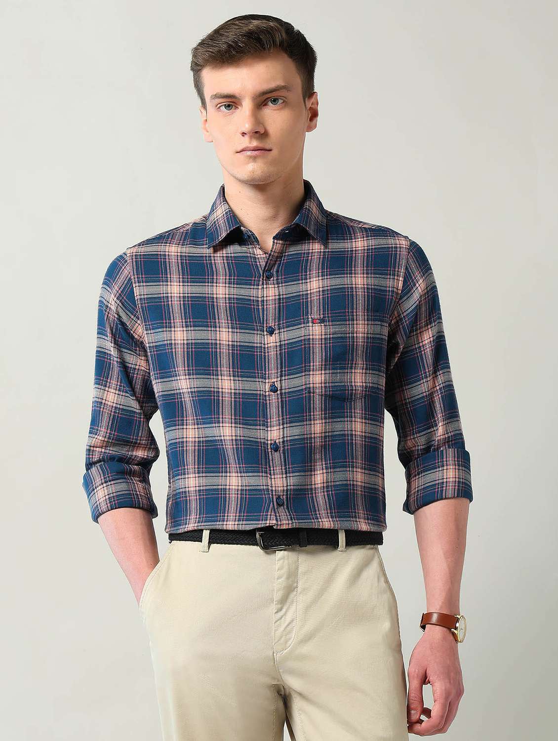 men checkered long sleeve slim fit casual shirt