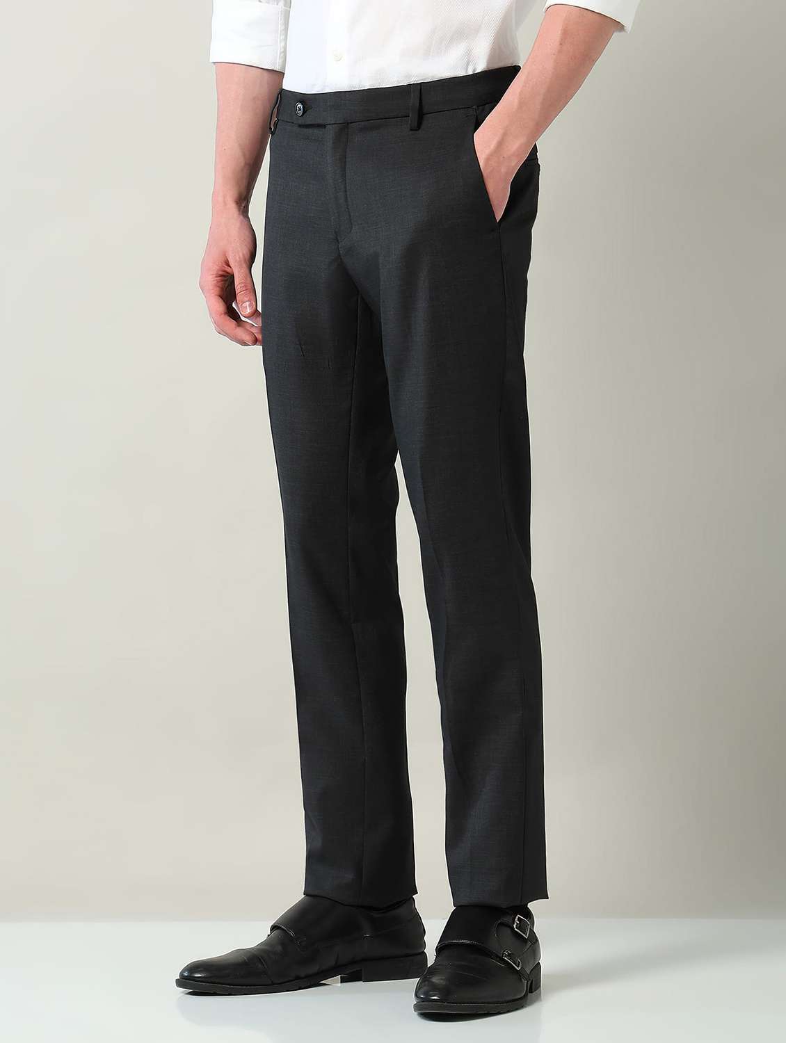 men solid mid rise flat front formal trouser - 22240615 -  Standard Image - 2