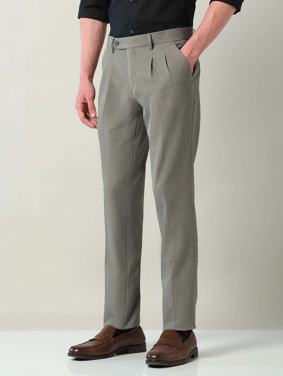 men solid mid rise pleated formal trouser - 22240619 -  Standard Image - 2