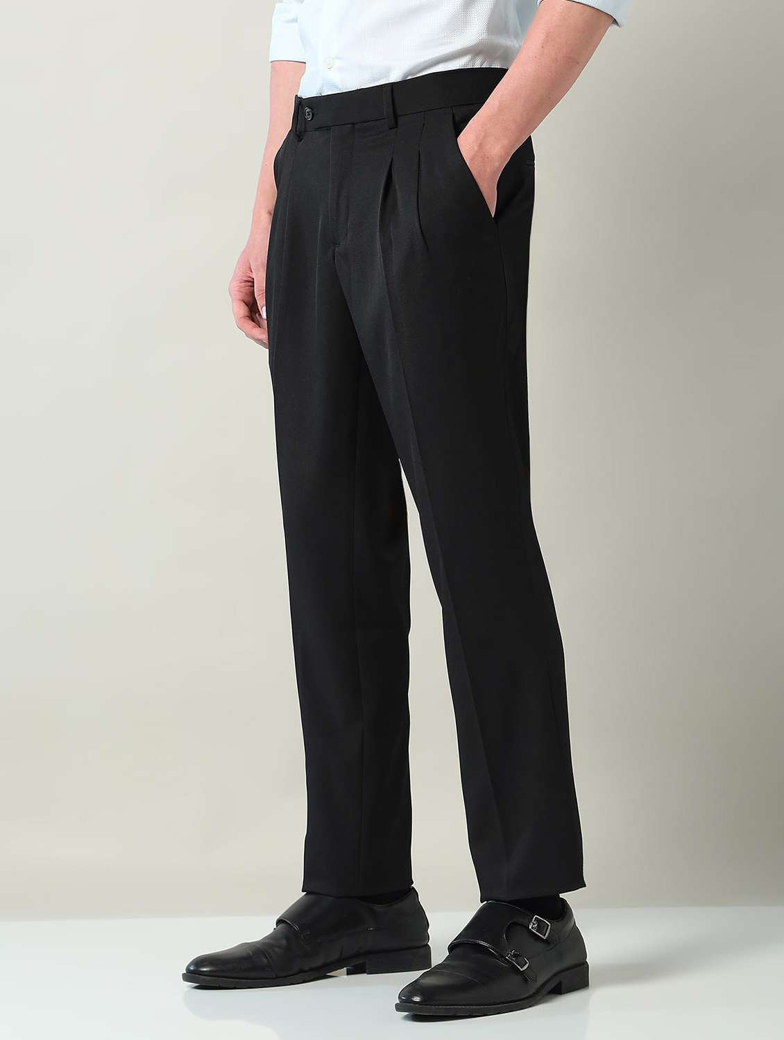 men solid mid rise pleated formal trouser - 22240620 -  Standard Image - 2