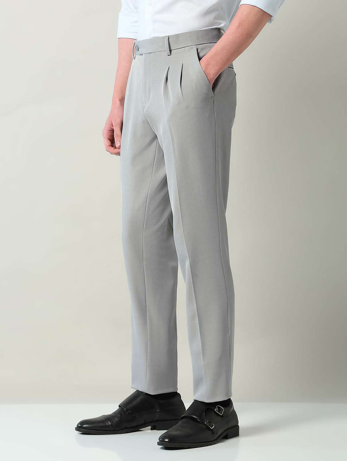 men solid mid rise pleated formal trouser - 22240621 -  Standard Image - 2