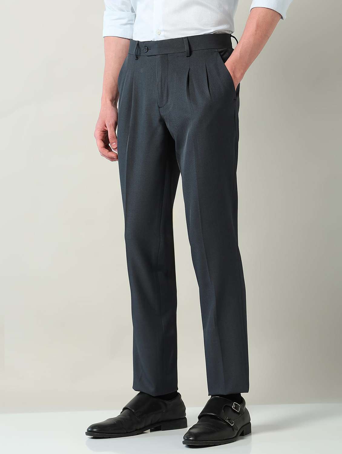 men solid mid rise pleated formal trouser - 22240622 -  Standard Image - 2