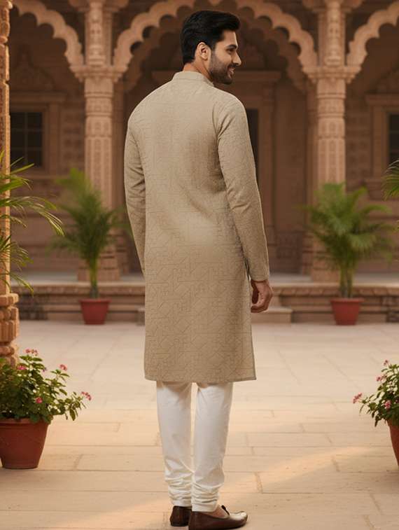 men solid with work mandarin neck long kurta - 22240662 -  Standard Image - 2