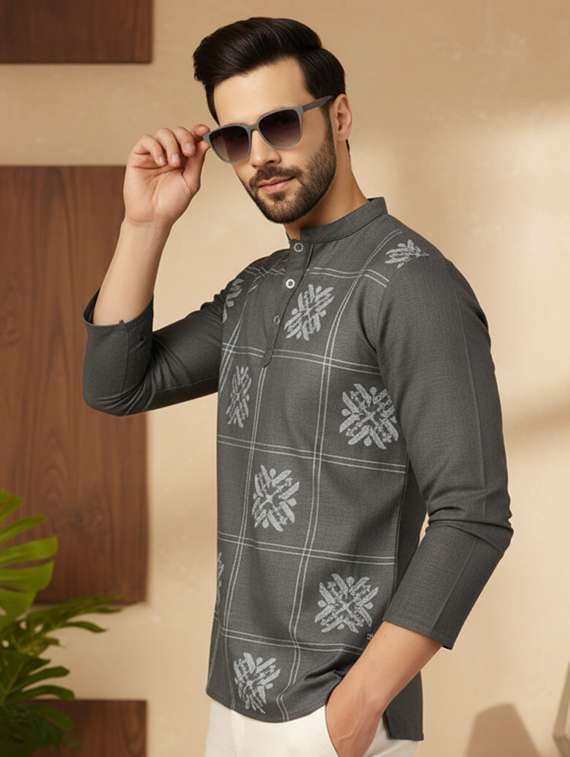 men solid with work mandarin neck short kurta