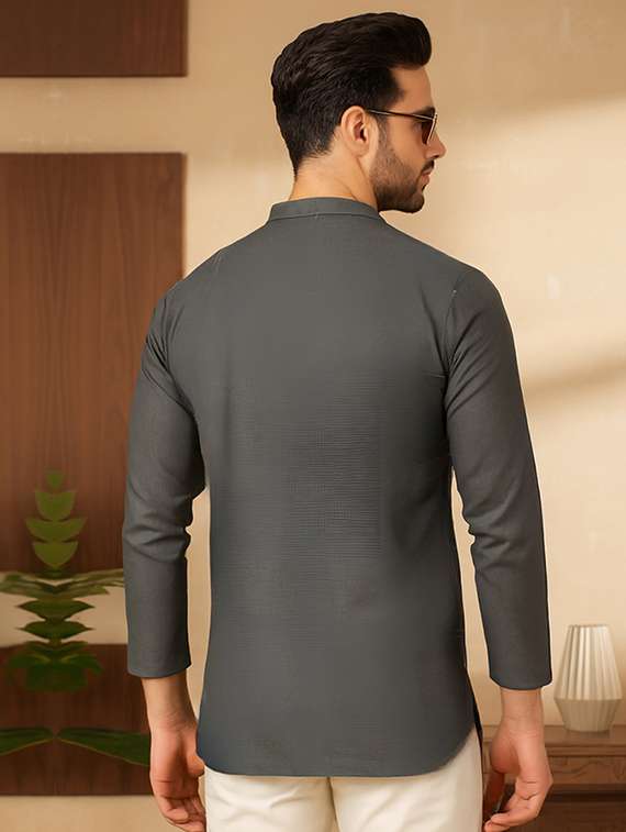 men solid with work mandarin neck short kurta - 22240665 -  Standard Image - 2