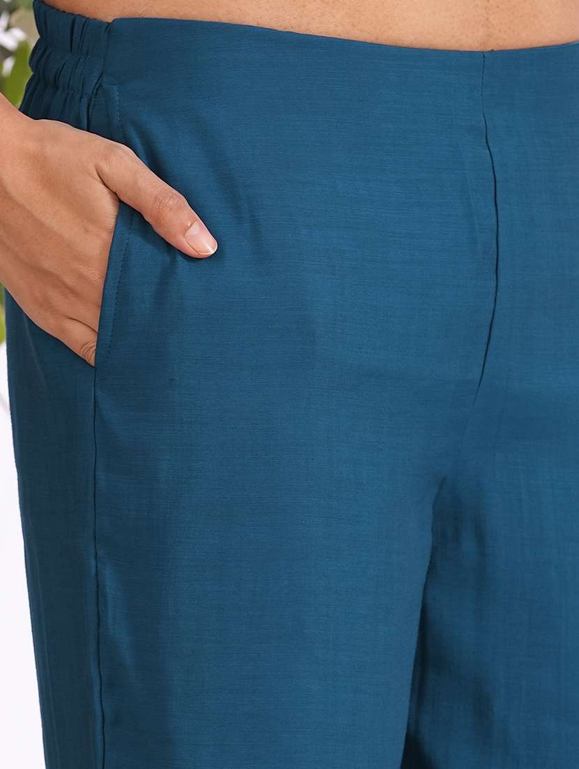 women solid with work three quarter sleeve kurta pant set - 22240947 -  Standard Image - 7