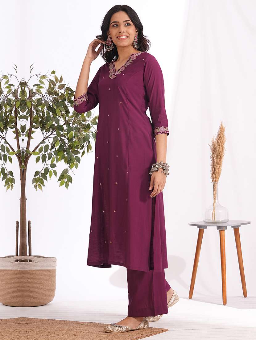 women solid with work three quarter sleeve kurta pant set - 22240948 -  Standard Image - 2