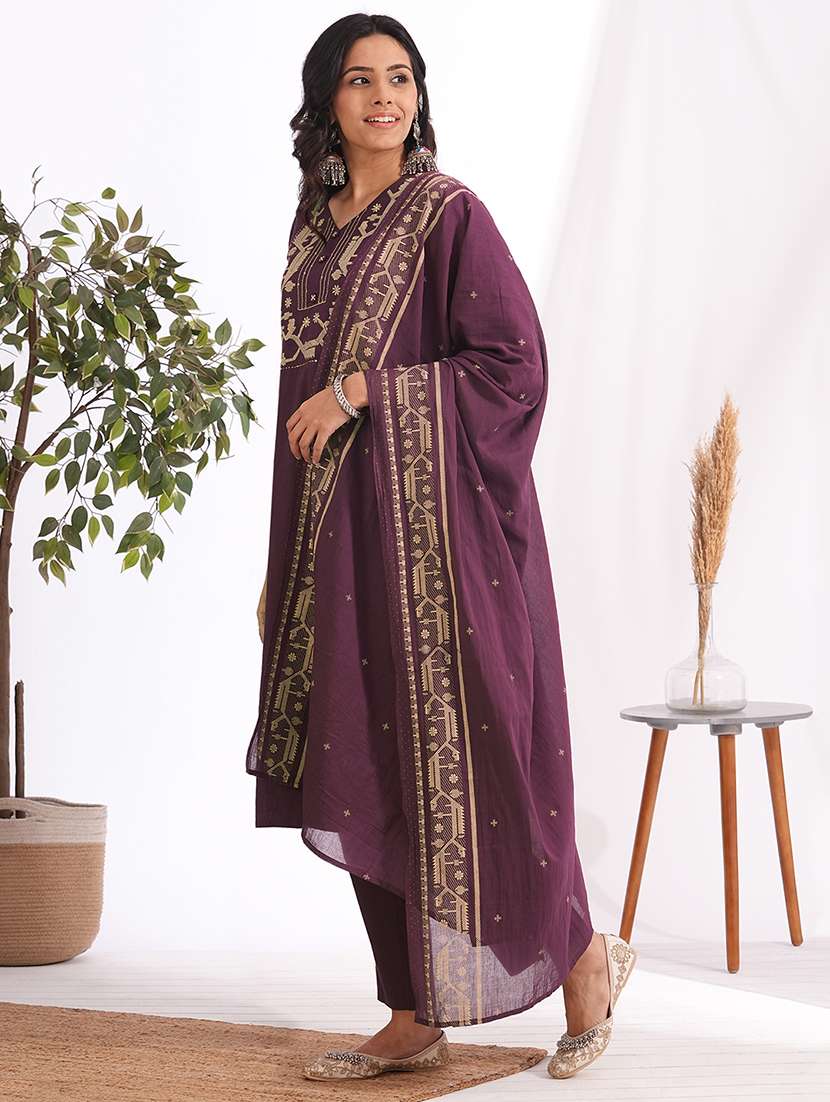 women solid with work three quarter sleeve kurta pant with dupatta set - 22240959 -  Standard Image - 2