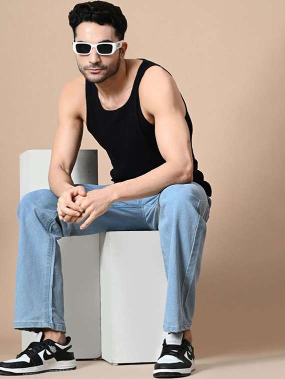 men plain mid rise straight fit jeans - 22241184 -  Standard Image - 2