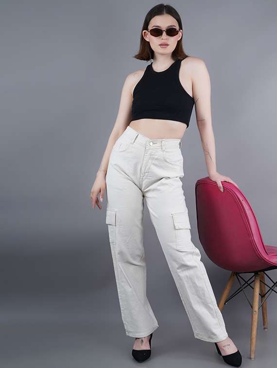 women solid high rise denim cargo - 22241472 -  Standard Image - 2