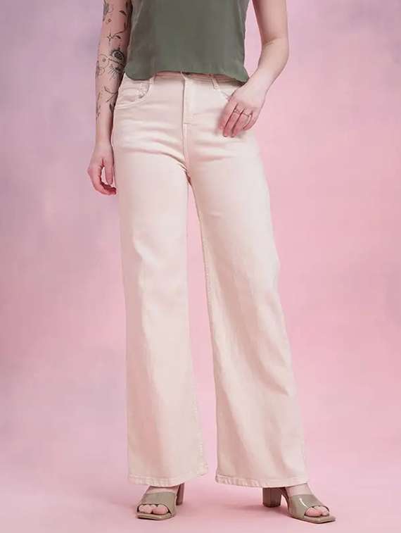 women solid mid rise wide leg jeans