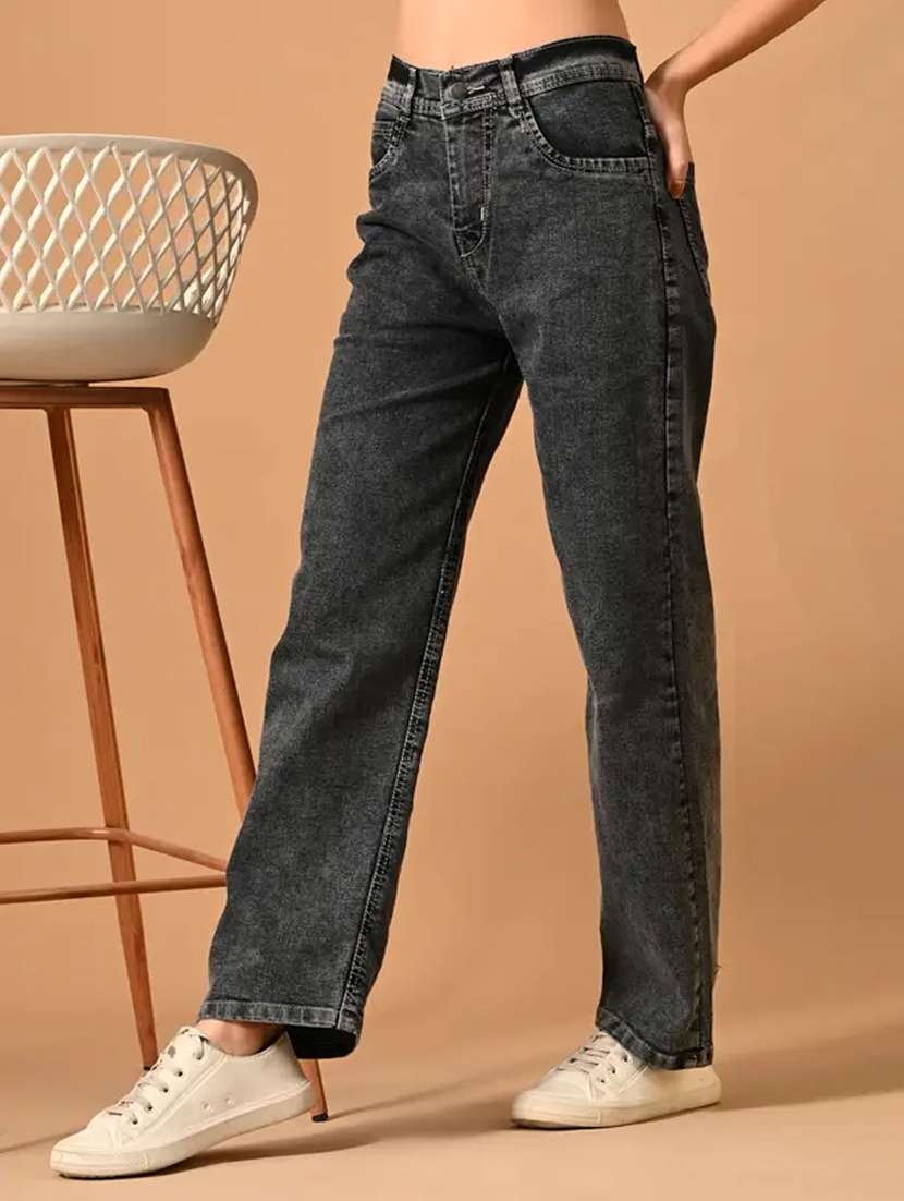 women solid high rise straight fit jeandenim jean - 22241479 -  Standard Image - 2