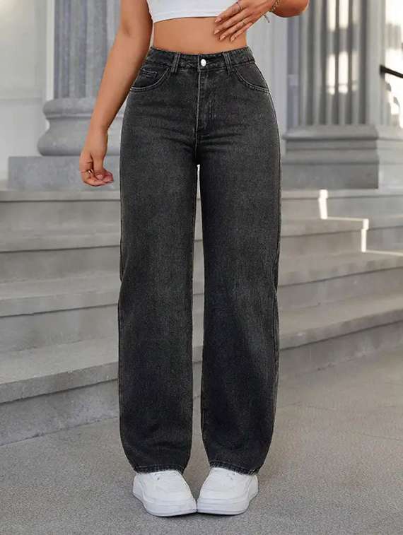 women solid high rise straight fit jeans