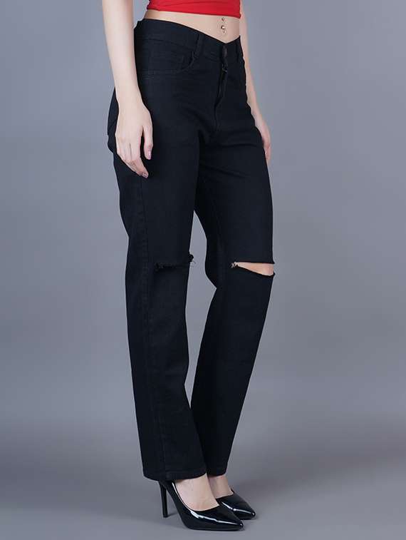 women solid slash knee straight fit jeans