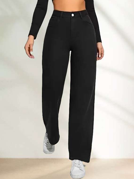 women solid high rise straight fit jeans