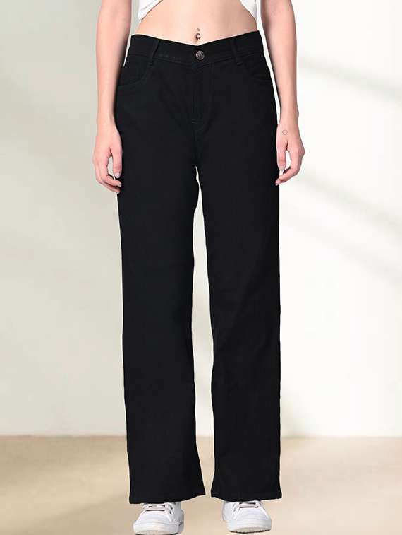 women solid mid rise straight fit jeans