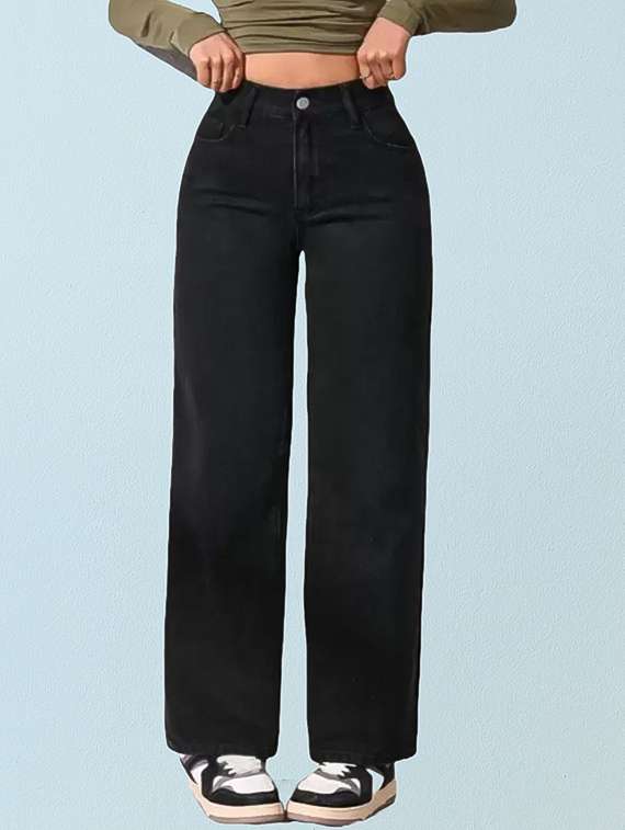 women solid high rise straight fit jean