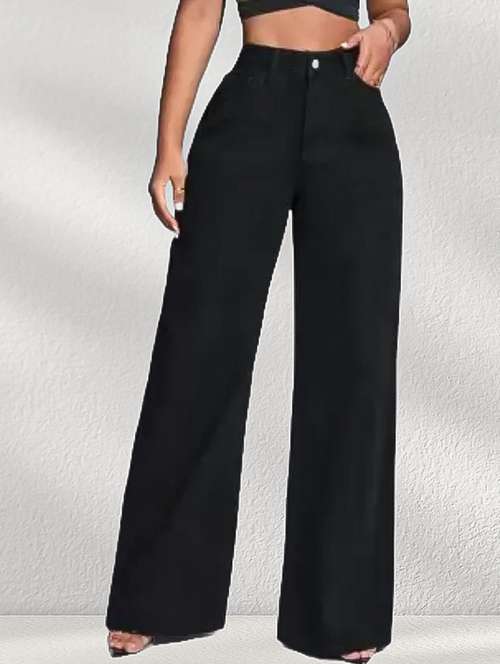 black denim jeanwomen solid high rise wide leg jeans - 22241549 -  Standard Image - 0