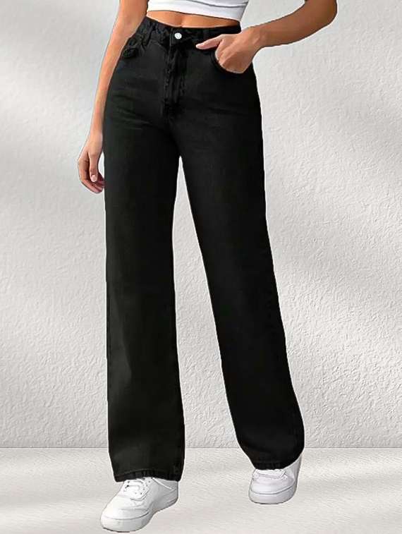 women solid high rise relaxed fit jeans