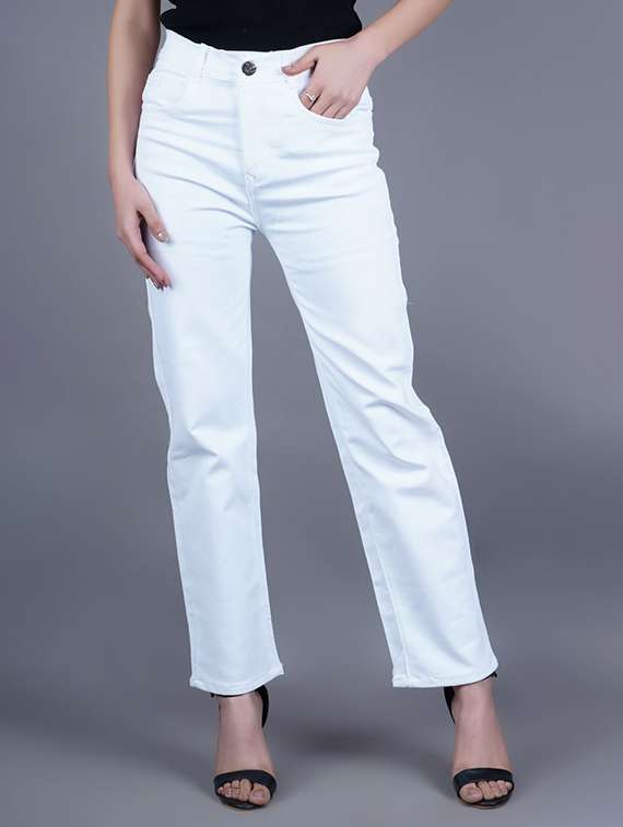 women solid mid rise straight fit jeans