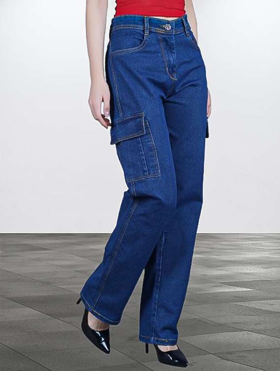 women solid high rise denim cargo