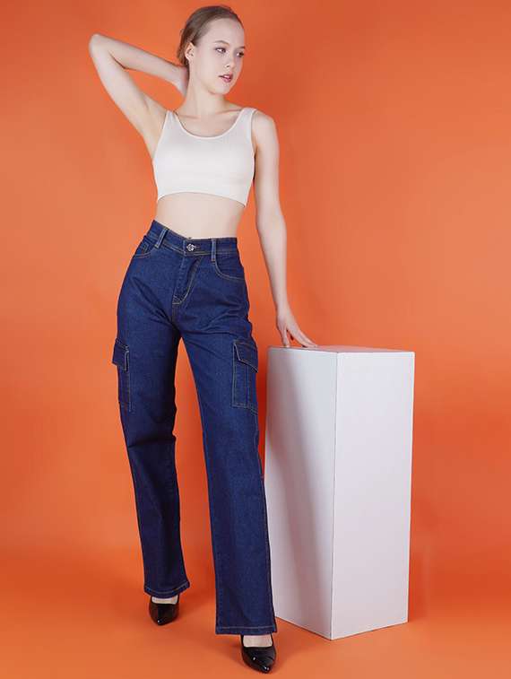 women solid high rise denim cargo - 22241636 -  Standard Image - 2