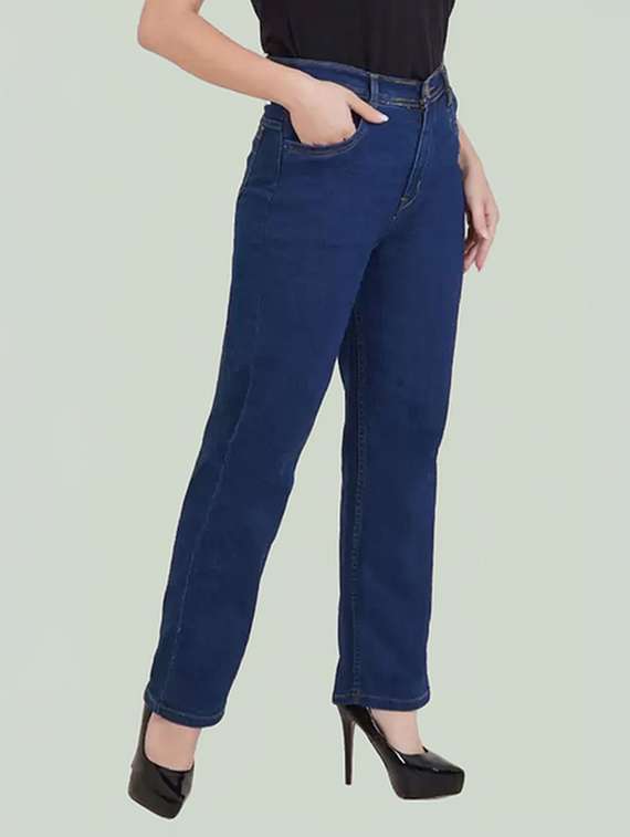 women solid high rise straight fit jean