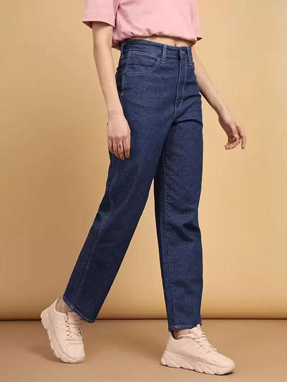 women solid high rise straight fit jeans