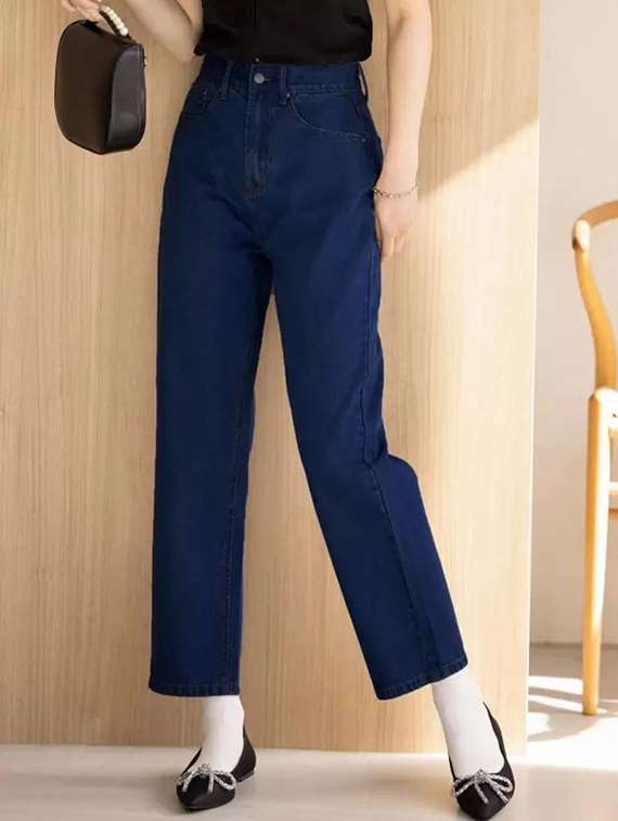 women solid high rise straight fit jeans