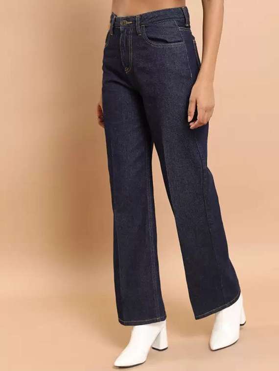 women solid high rise wide leg jeans