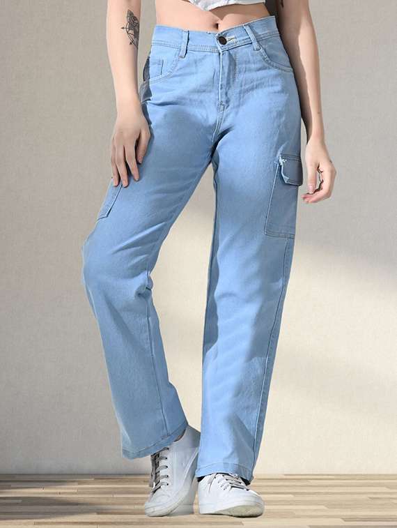 women solid high rise denim cargo