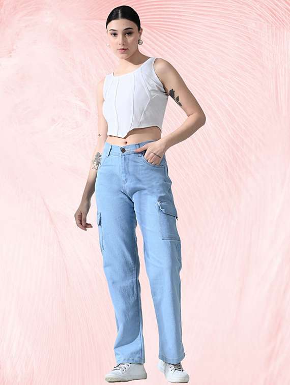 women solid high rise denim cargo - 22241735 -  Standard Image - 2