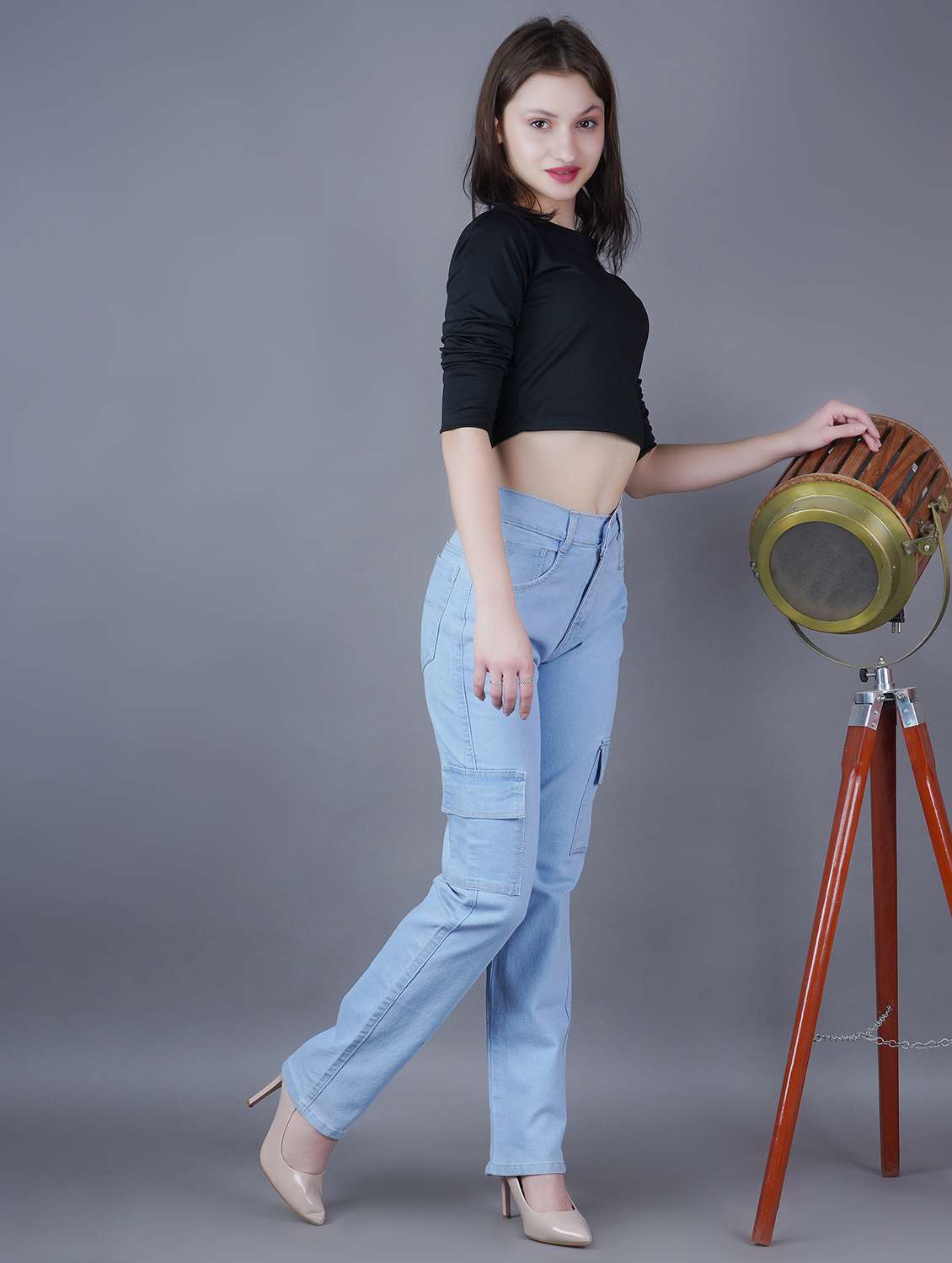 women solid mid rise denim cargo - 22241742 -  Standard Image - 2