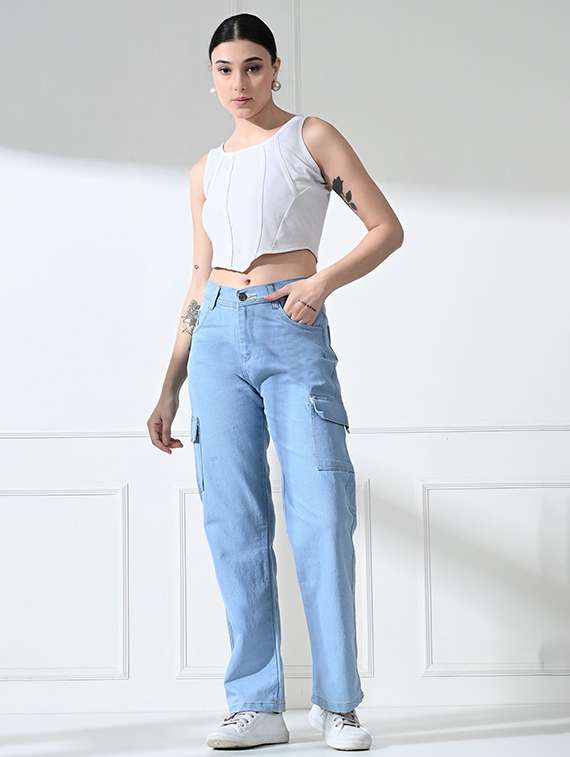 women solid high rise denim cargo - 22241743 -  Standard Image - 2