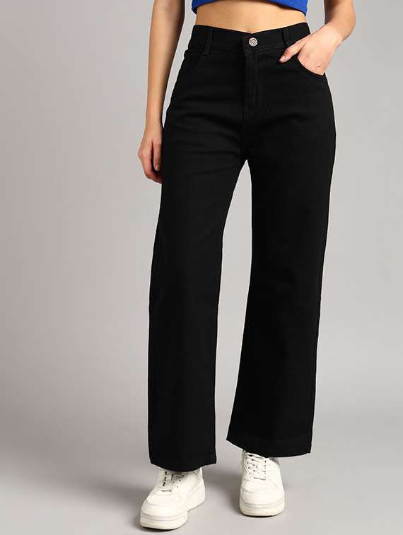 women solid high rise wide leg jean