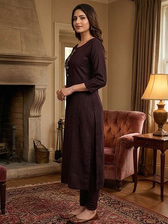 women self design three quarter sleeve straight kurta - 22241798 -  Standard Image - 2